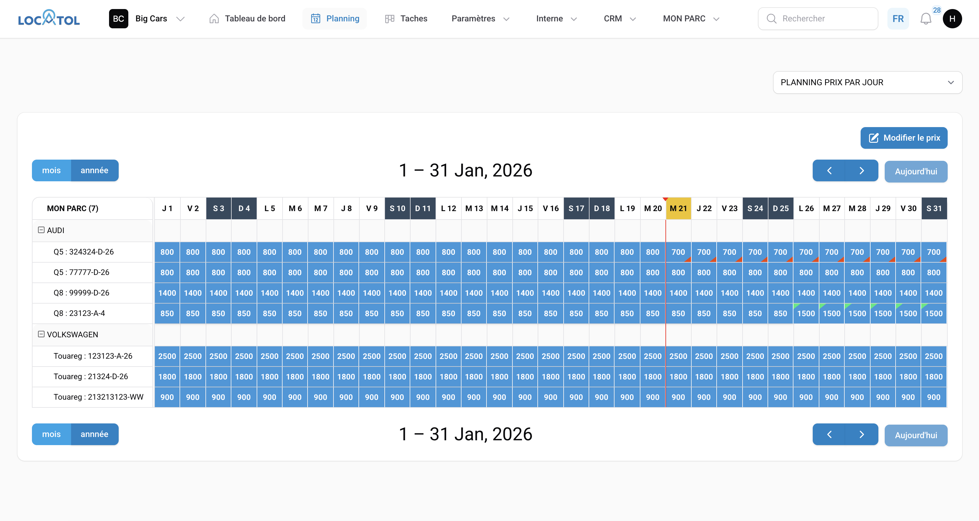LOCATOL – Planning des prix par jour